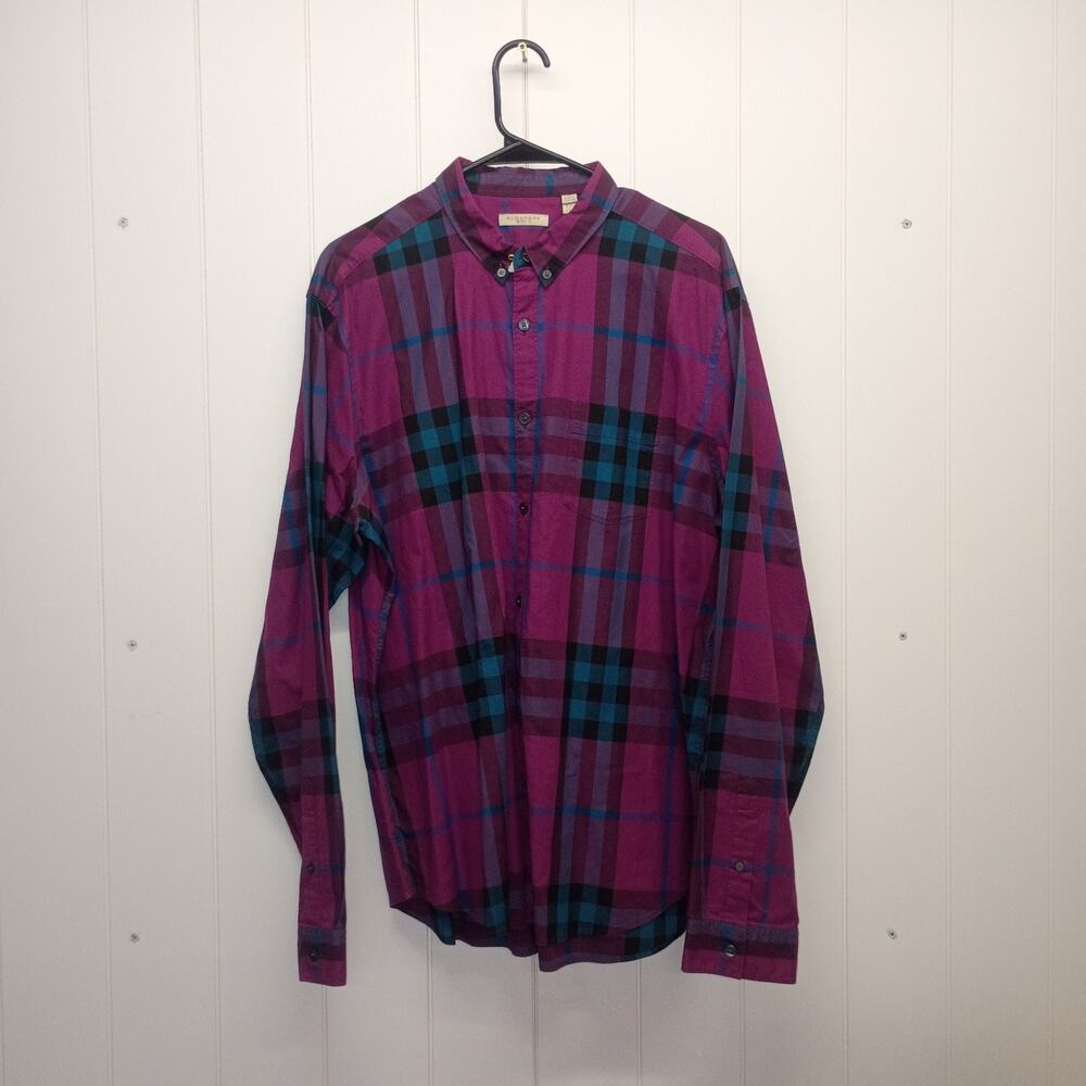 Burberry Brit Mens XXL Purple Teal Plaid Button Down Shirt Long Sleeve Cotton